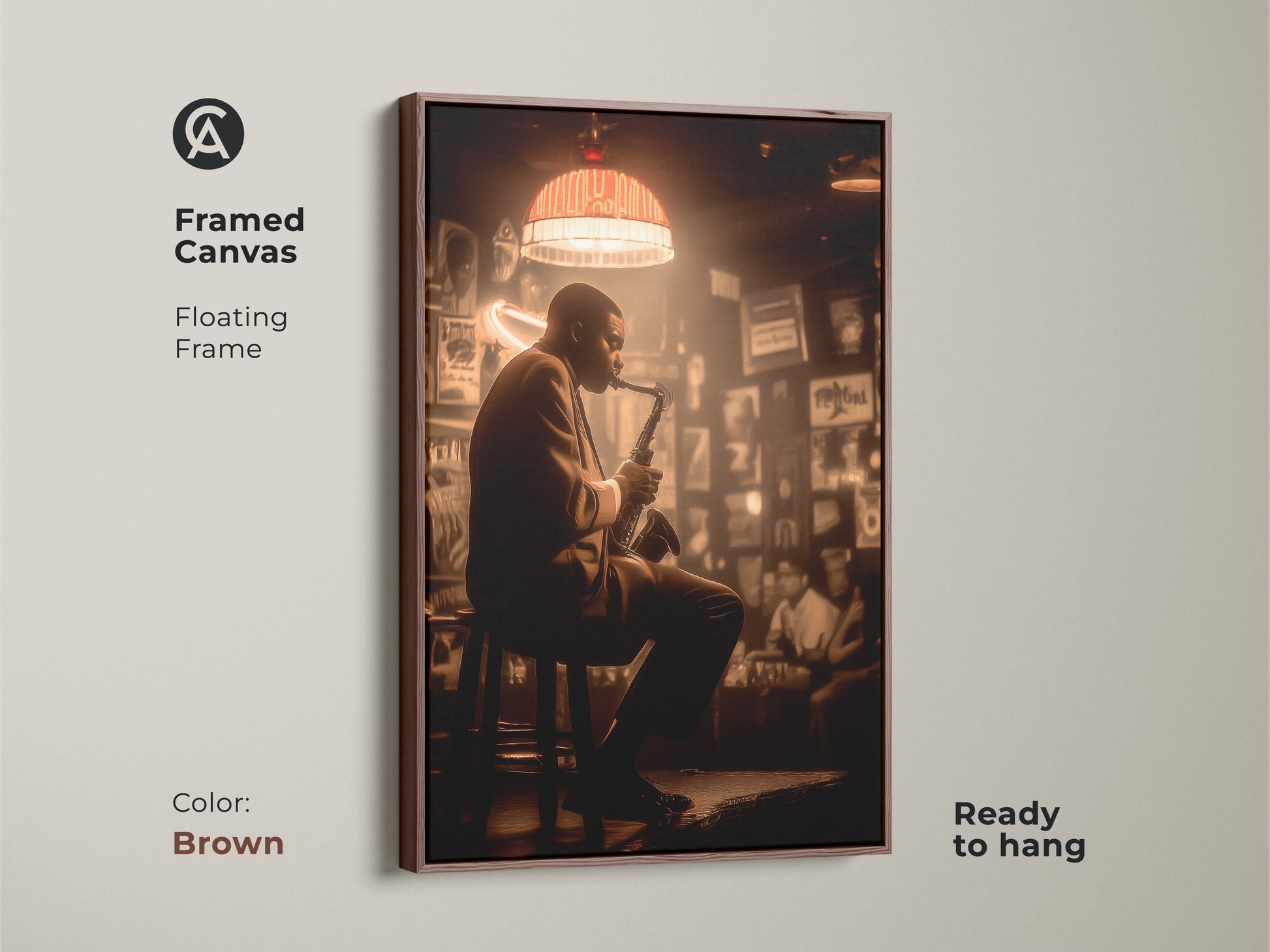 This framed canvas showcases a jazz musician with a saxophone. The floating frame is brown. The artwork enhances the warm tones of the image. This ready-to-hang piece adds a touch of vintage charm. It brings the spirit of jazz into your living space.