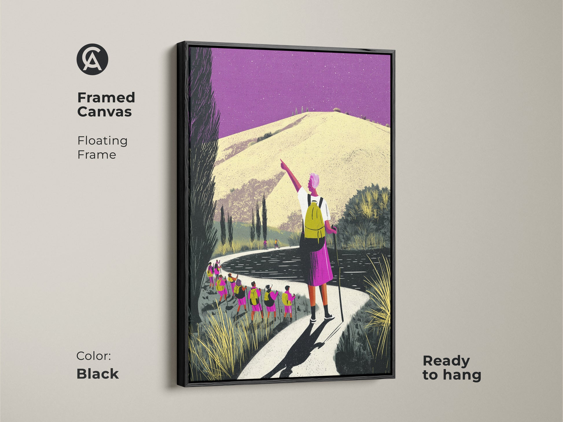 Framed canvas art featuring a hiker on a mountain path. The floating frame enhances the purple and yellow artwork. This boho home decor art is ready to hang. A thoughtful housewarming gift idea for outdoor adventure lovers.