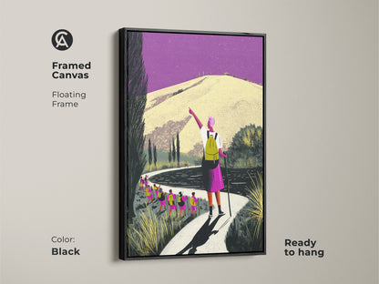 Framed canvas art featuring a hiker on a mountain path. The floating frame enhances the purple and yellow artwork. This boho home decor art is ready to hang. A thoughtful housewarming gift idea for outdoor adventure lovers.