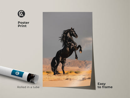 Poster print of a black horse rearing in a desert landscape. Rolled in a tube for easy framing. Modern animal art embodies power and freedom. Perfect for equestrian themes or nature artwork collectors. A standout piece for home decor.