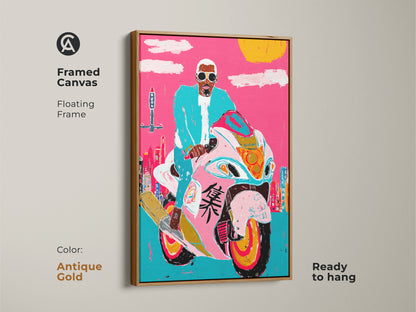 Antique gold framed canvas art showcases a pop art motorcycle rider. The vibrant graffiti style artwork adds an urban touch. This hot pink and turquoise print is ready to hang as eclectic motorcycle decor. It makes a unique and colorful gift.