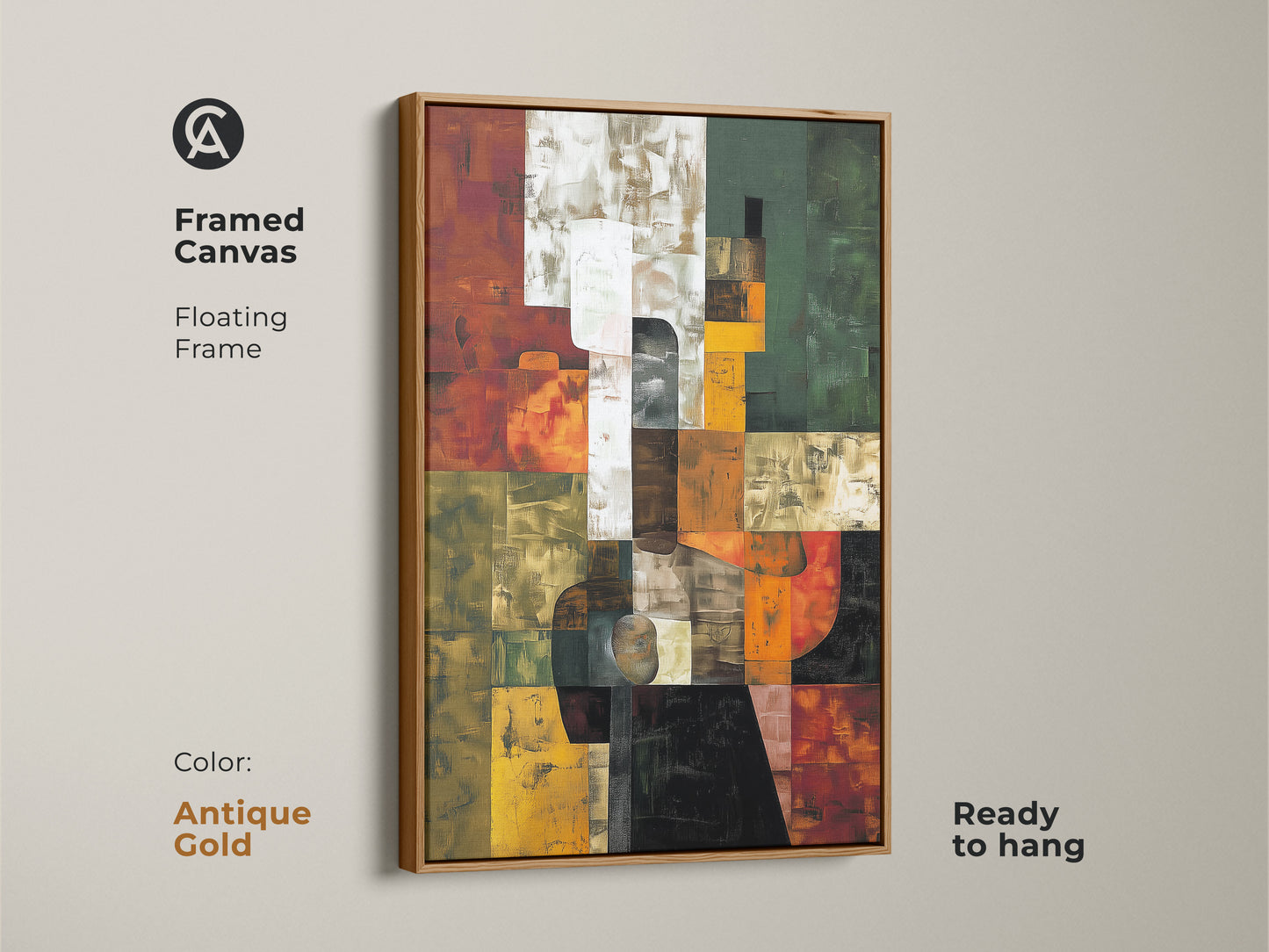 Antique gold framed canvas featuring abstract geometric art. This contemporary art is ready to hang. The warm terracotta orange green art adds a touch of elegance to any space.