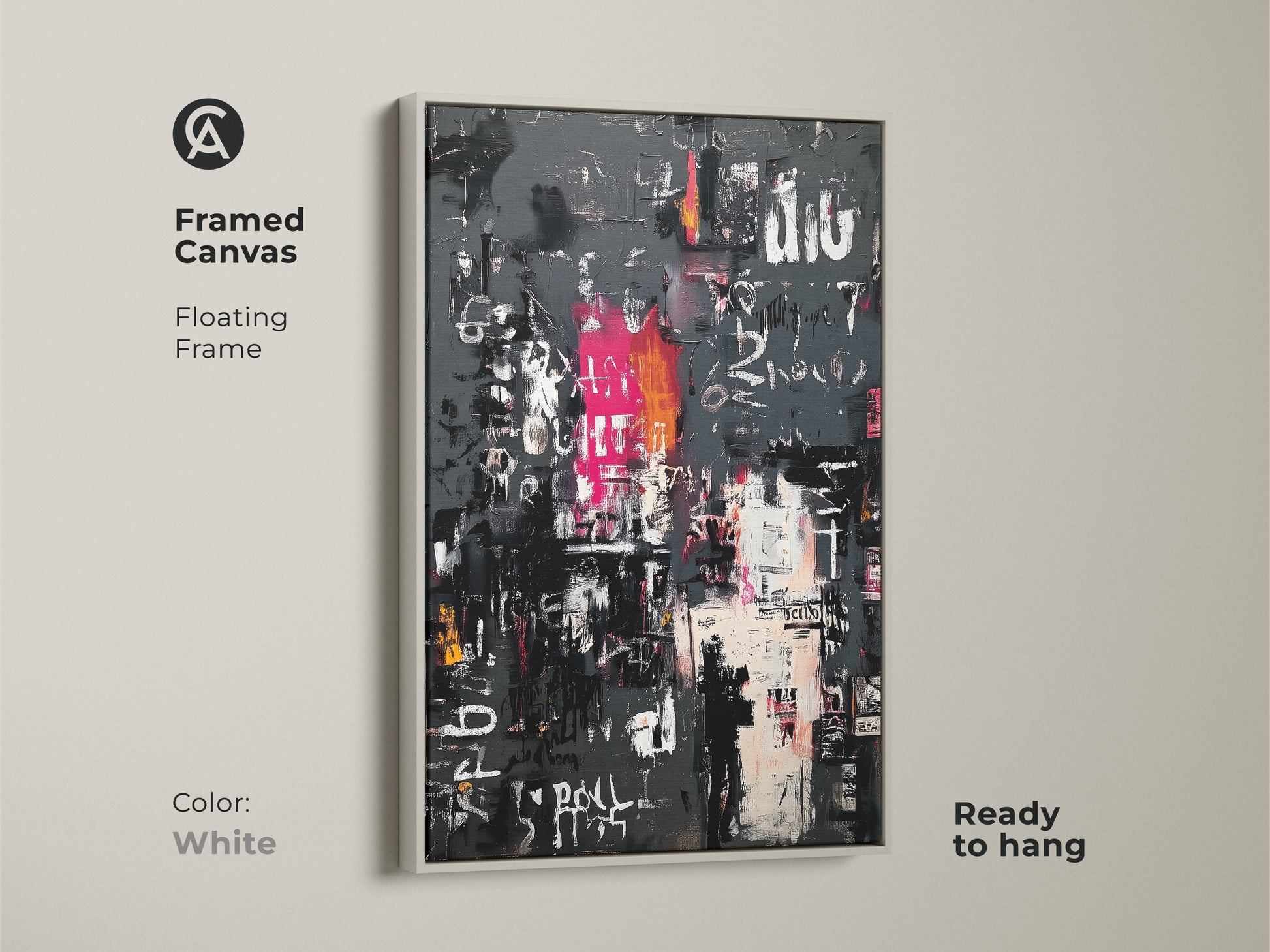 Framed canvas print featuring abstract artwork. The floating frame is white. The artwork includes a gray background with white pink and black markings. It is ready to hang. Add a modern touch to your living space with this art.