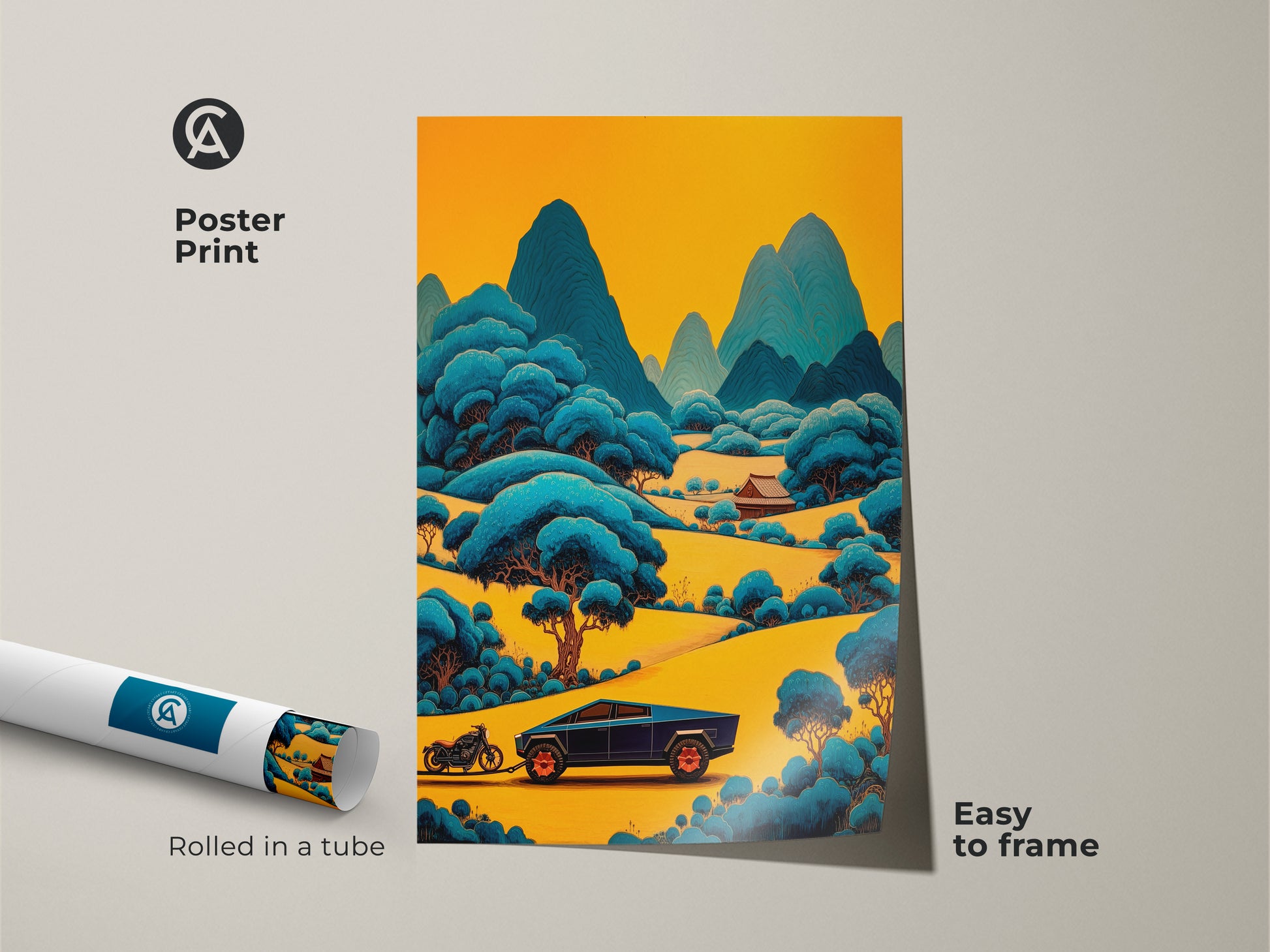 Poster print showing a stylized mountain road canvas art. This yellow and blue landscape print comes rolled in a tube. It's an easy to frame and modern gift for car enthusiasts. This eclectic den artwork adds character to any space.