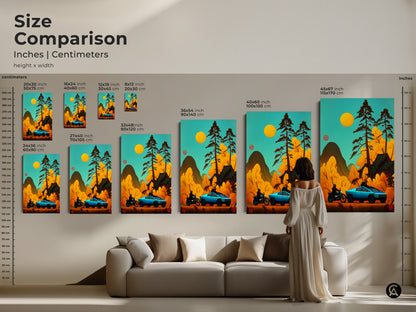 Size comparison of this Japanese retro artwork print in inches and centimeters. Visualize the art featuring a Cybertruck and motorcycle above a sofa. Sizes range from 20x30 cm to 45x67 inches. This helps picture how it will fit into your space. It's perfect for car enthusiasts and unique office wall decor.