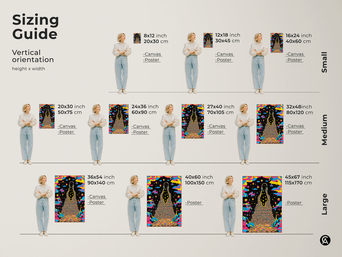 Explore the sizing guide for vertical orientation artwork. Available as canvas or poster art. Sizes range from small 8x12 to large 45x67 inches. See the psychedelic wall art in various sizes. The abstract landscape print features surreal cosmic art that fits any space. This colorful figure art is perfect for home decor.