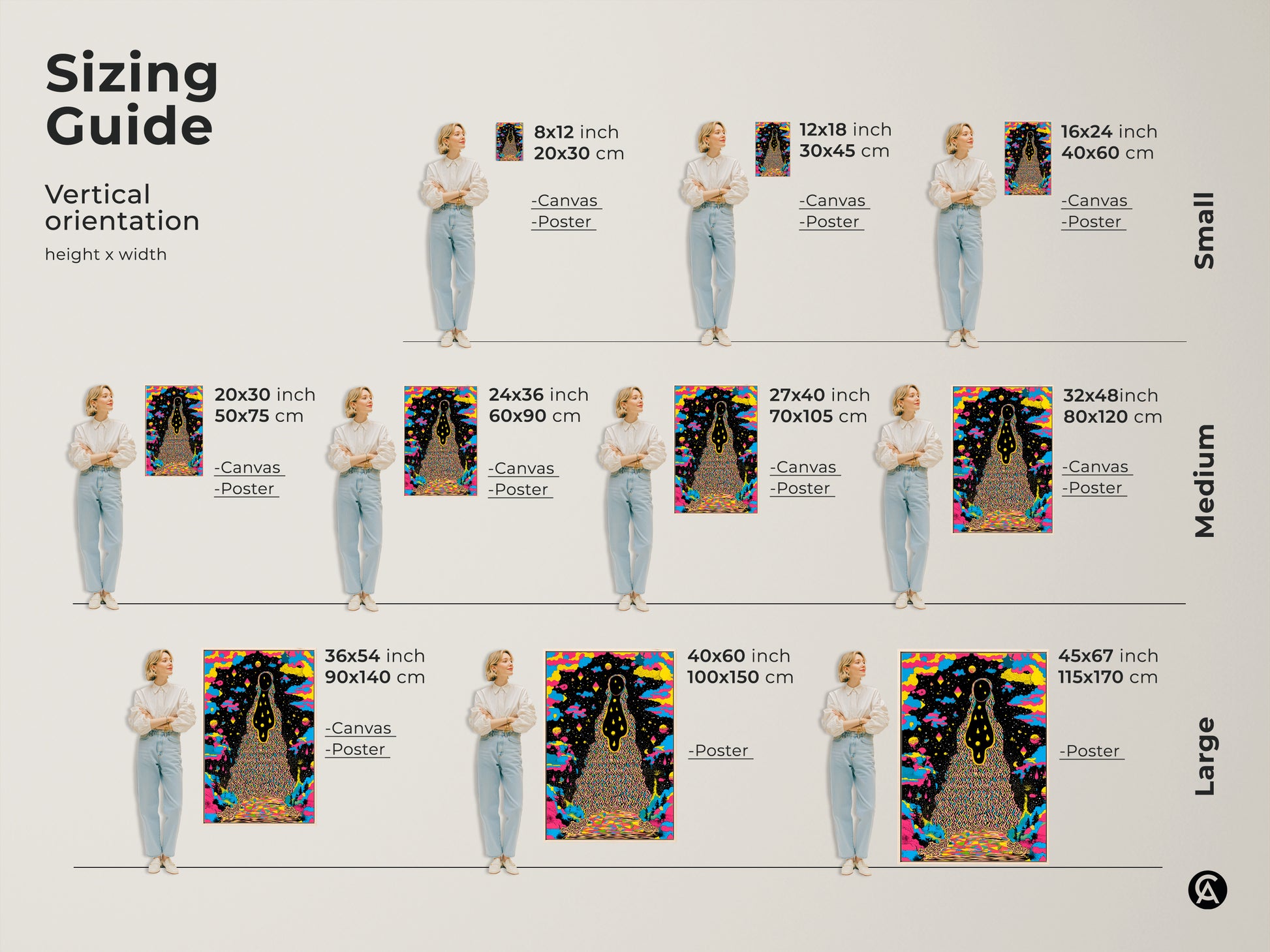 Explore the sizing guide for vertical orientation artwork. Available as canvas or poster art. Sizes range from small 8x12 to large 45x67 inches. See the psychedelic wall art in various sizes. The abstract landscape print features surreal cosmic art that fits any space. This colorful figure art is perfect for home decor.