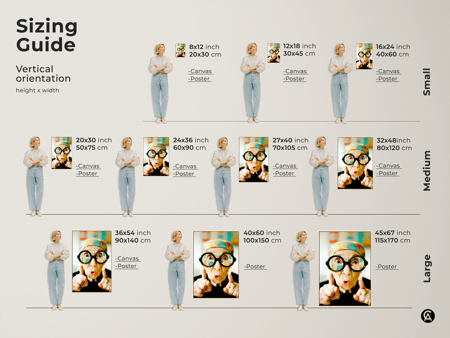 Sizing guide for artwork featuring an elderly woman with glasses. Visualize canvas and poster sizes in vertical orientation. Find the perfect fit for your space. Available in small medium and large sizes. Discover unique wall art today.