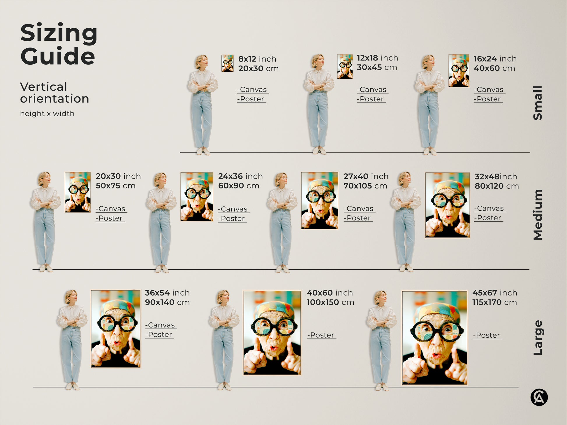 Sizing guide for artwork featuring an elderly woman with glasses. Visualize canvas and poster sizes in vertical orientation. Find the perfect fit for your space. Available in small medium and large sizes. Discover unique wall art today.