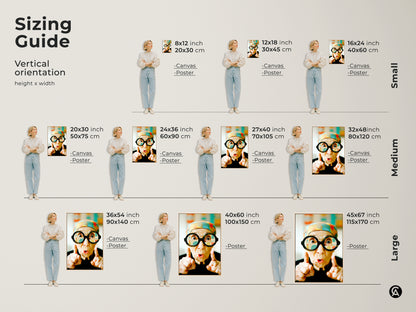 Sizing guide for artwork featuring an elderly woman with glasses. Visualize canvas and poster sizes in vertical orientation. Find the perfect fit for your space. Available in small medium and large sizes. Discover unique wall art today.
