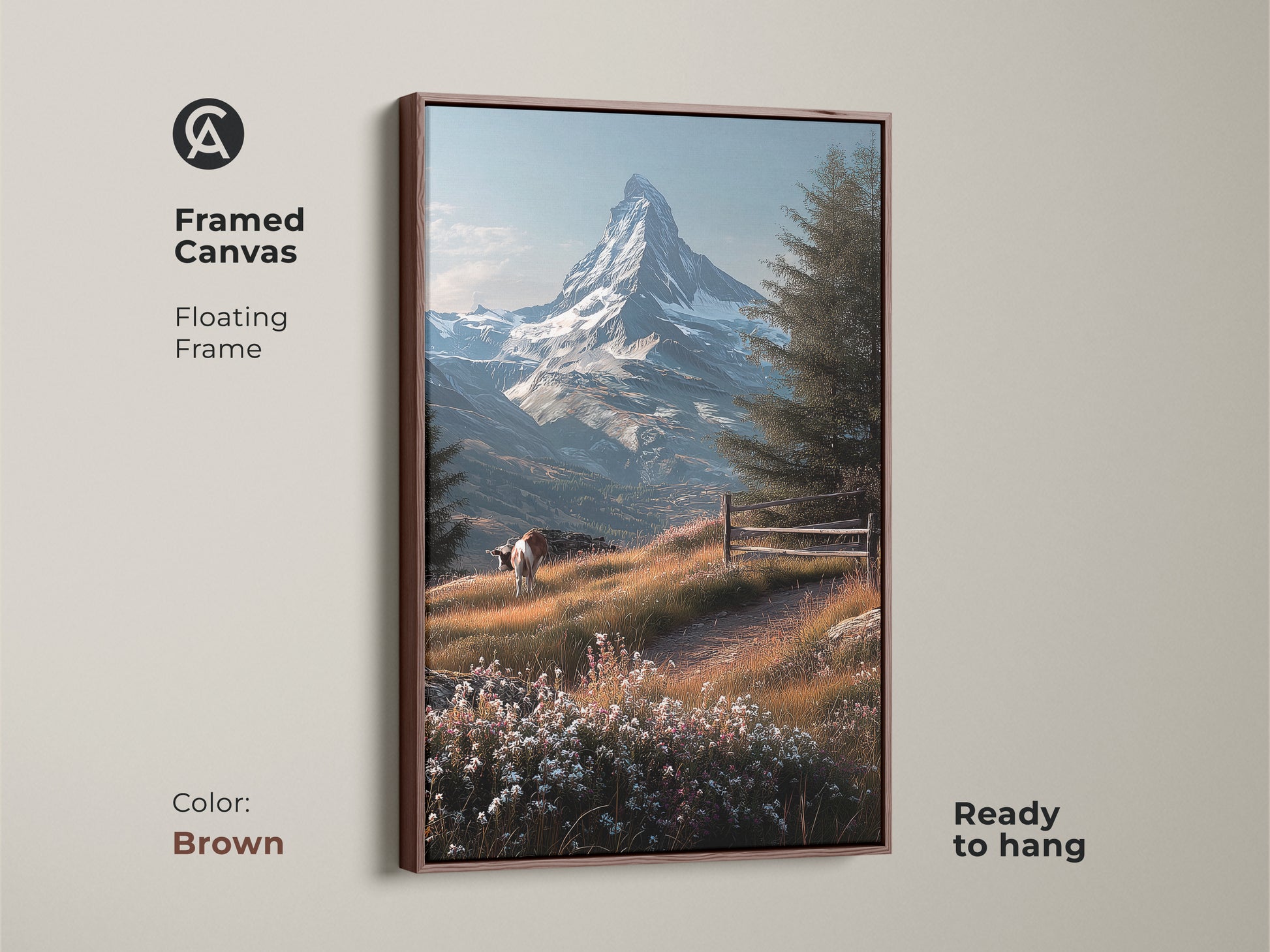 Brown framed canvas featuring Matterhorn mountain artwork. This floating frame canvas is ready to hang. The artwork presents a cow grazing in a wildflower meadow. See distant views of the iconic Swiss Alps peak in the background.
