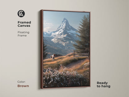 Brown framed canvas featuring Matterhorn mountain artwork. This floating frame canvas is ready to hang. The artwork presents a cow grazing in a wildflower meadow. See distant views of the iconic Swiss Alps peak in the background.