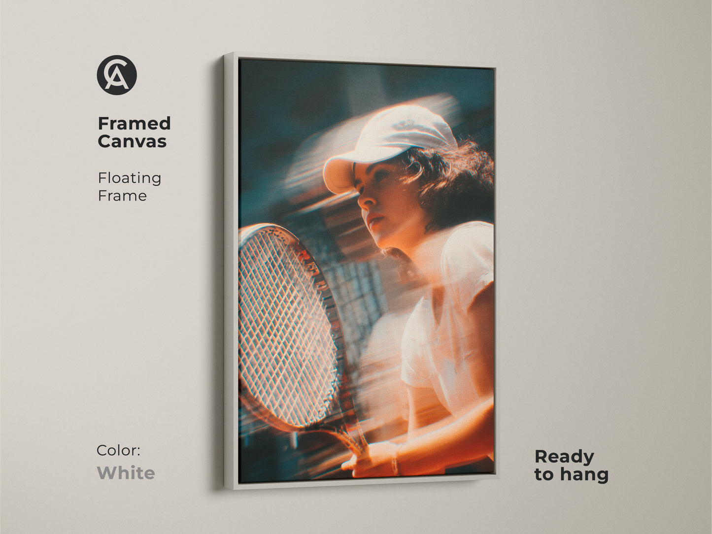 Framed canvas artwork showing a dynamic tennis player. This artwork has a clean white floating frame. The crisp lines enhance the modern feel. Ready to hang it is perfect for contemporary spaces. Explore our range of framed art today.