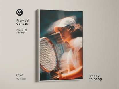 Framed canvas artwork showing a dynamic tennis player. This artwork has a clean white floating frame. The crisp lines enhance the modern feel. Ready to hang it is perfect for contemporary spaces. Explore our range of framed art today.