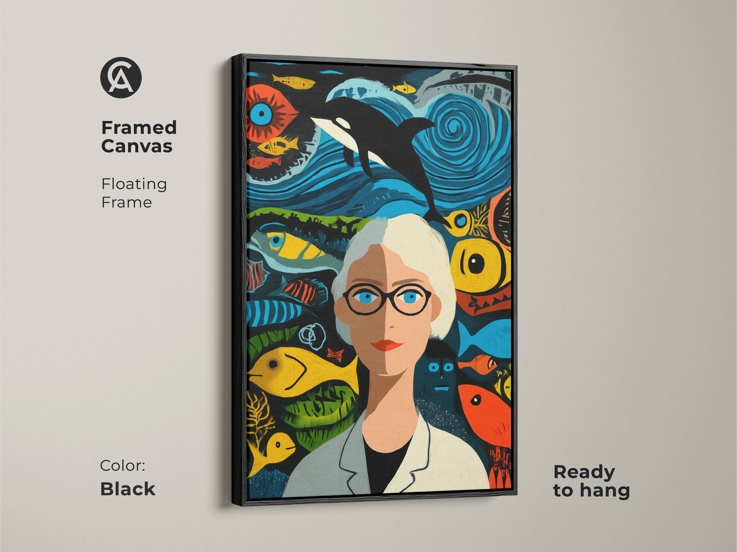 Elevate your space with marine biologist art. Framed canvas with a floating frame in black adds a touch of sophistication. Eclectic teal and orange hues make it a vibrant focal point. The unique wall decor is ready to hang in your study or office.