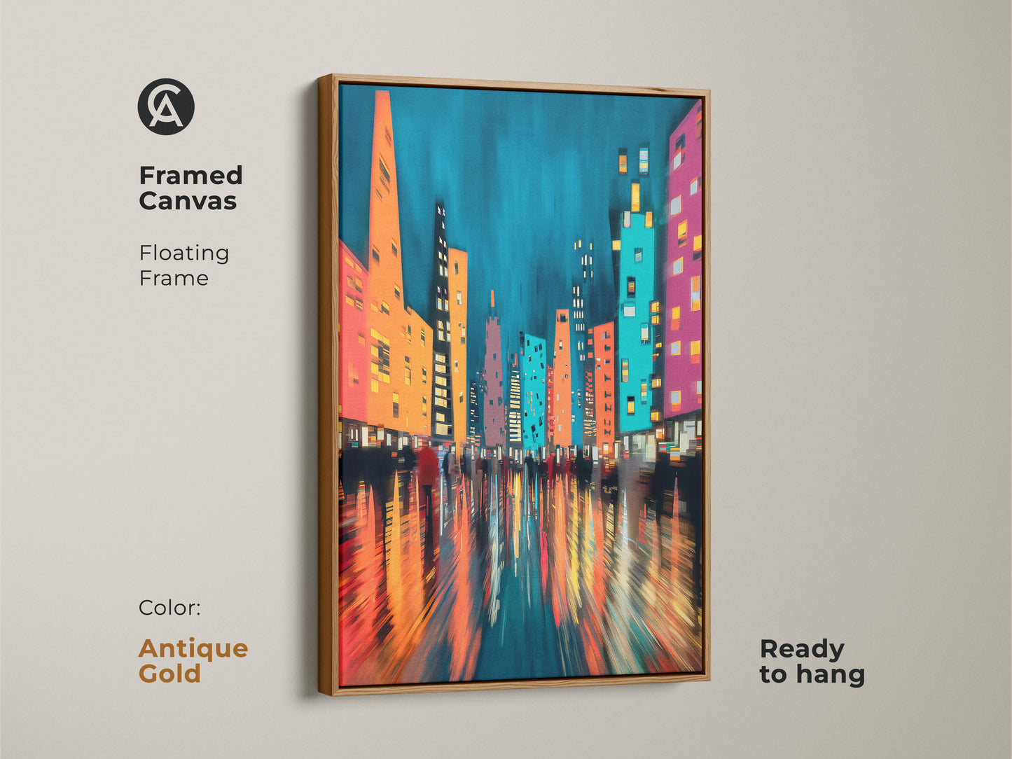 A framed canvas print showcasing a modern abstract cityscape. The antique gold floating frame adds elegance to the teal blue artwork with orange and pink tones. Ready to hang and perfect for adding a touch of contemporary style to any space.