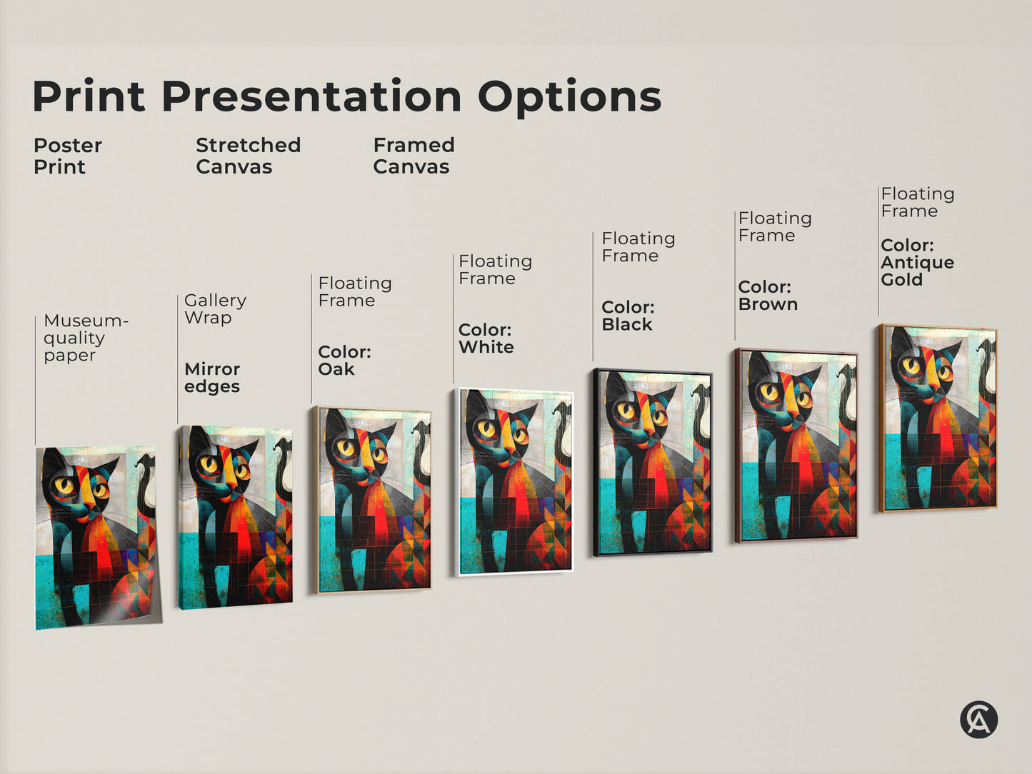 Print presentation options for a cubist cat art print are displayed. Choices include poster stretched canvas and framed canvas with various frame colors. Find the perfect museum quality paper or gallery wrap option. Enhance your space with unique cat artwork.