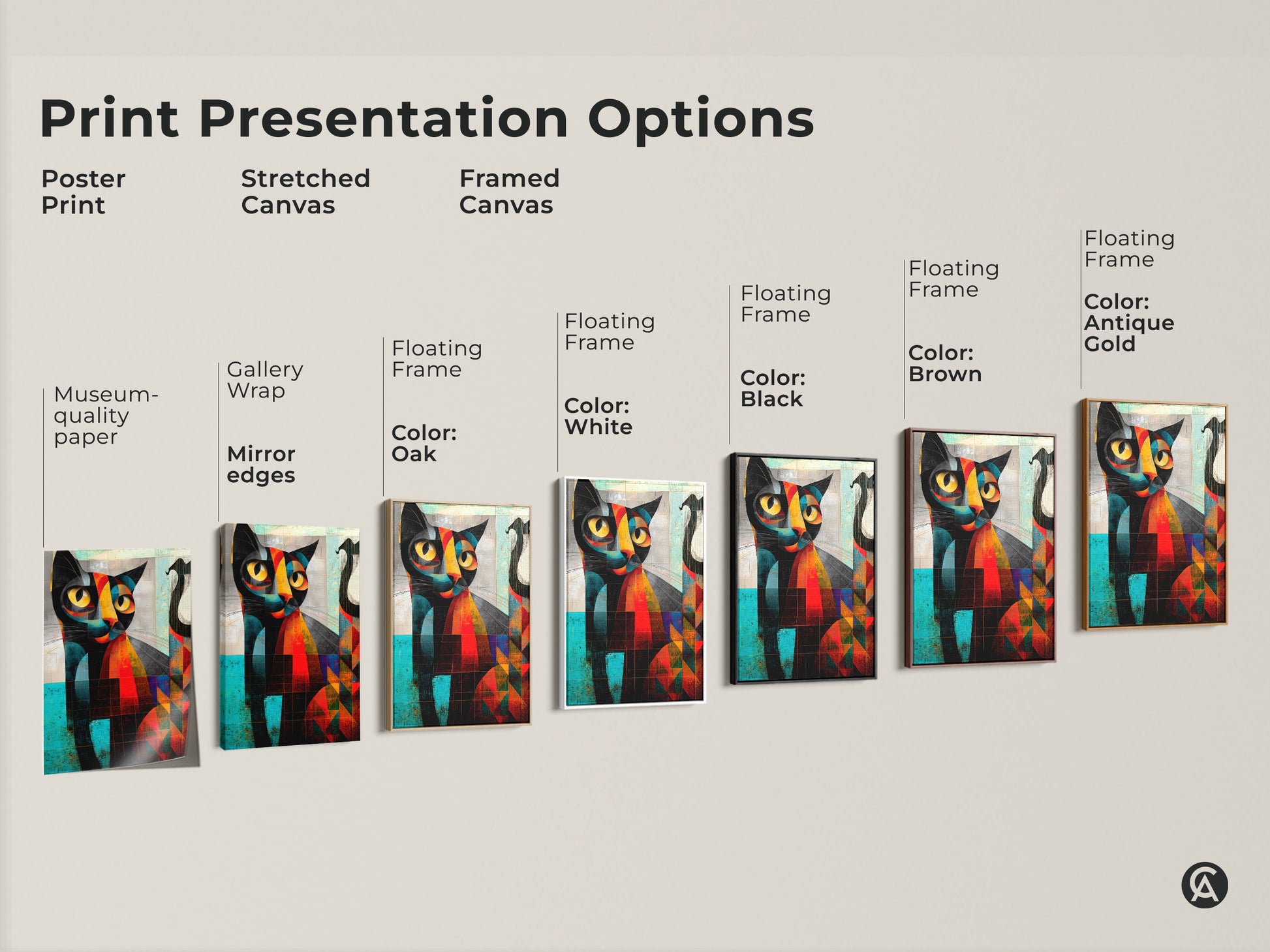 Print presentation options for a cubist cat art print are displayed. Choices include poster stretched canvas and framed canvas with various frame colors. Find the perfect museum quality paper or gallery wrap option. Enhance your space with unique cat artwork.