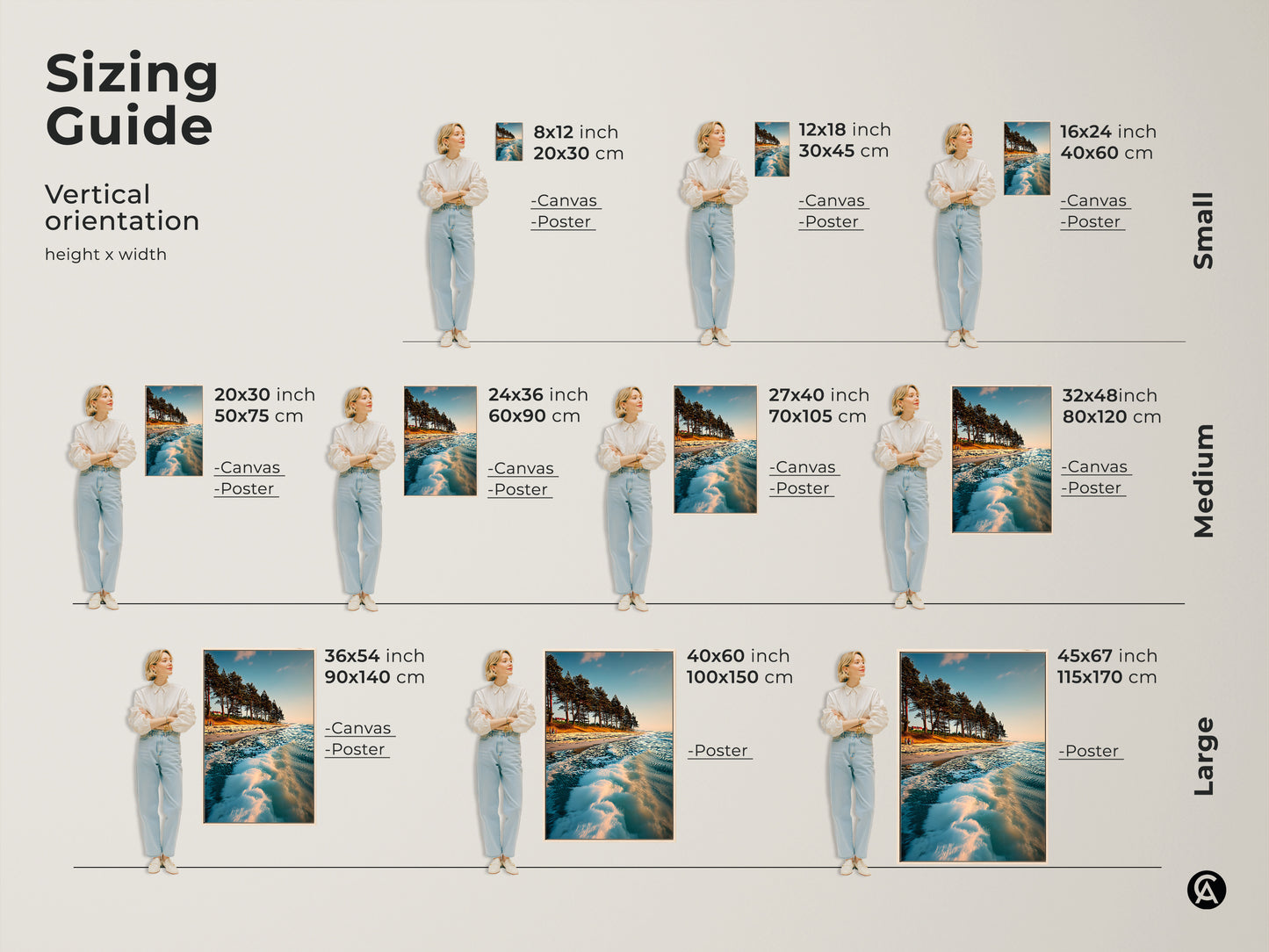 Sizing guide showing vertical orientations of ocean wave art prints with models. Choose from canvas or poster prints in small medium and large sizes. Find the perfect coastal landscape wall art for your space.