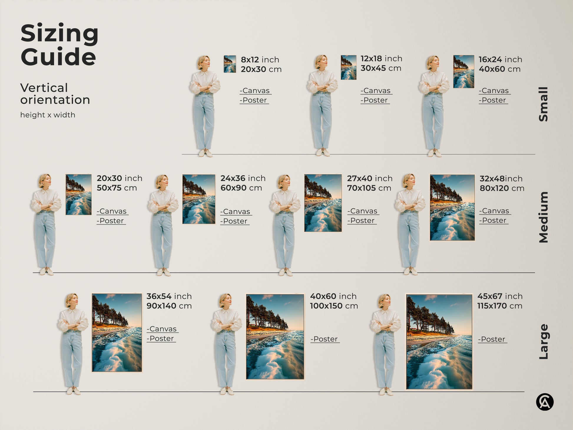 Sizing guide showing vertical orientations of ocean wave art prints with models. Choose from canvas or poster prints in small medium and large sizes. Find the perfect coastal landscape wall art for your space.