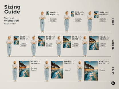 Sizing guide showing vertical orientations of ocean wave art prints with models. Choose from canvas or poster prints in small medium and large sizes. Find the perfect coastal landscape wall art for your space.