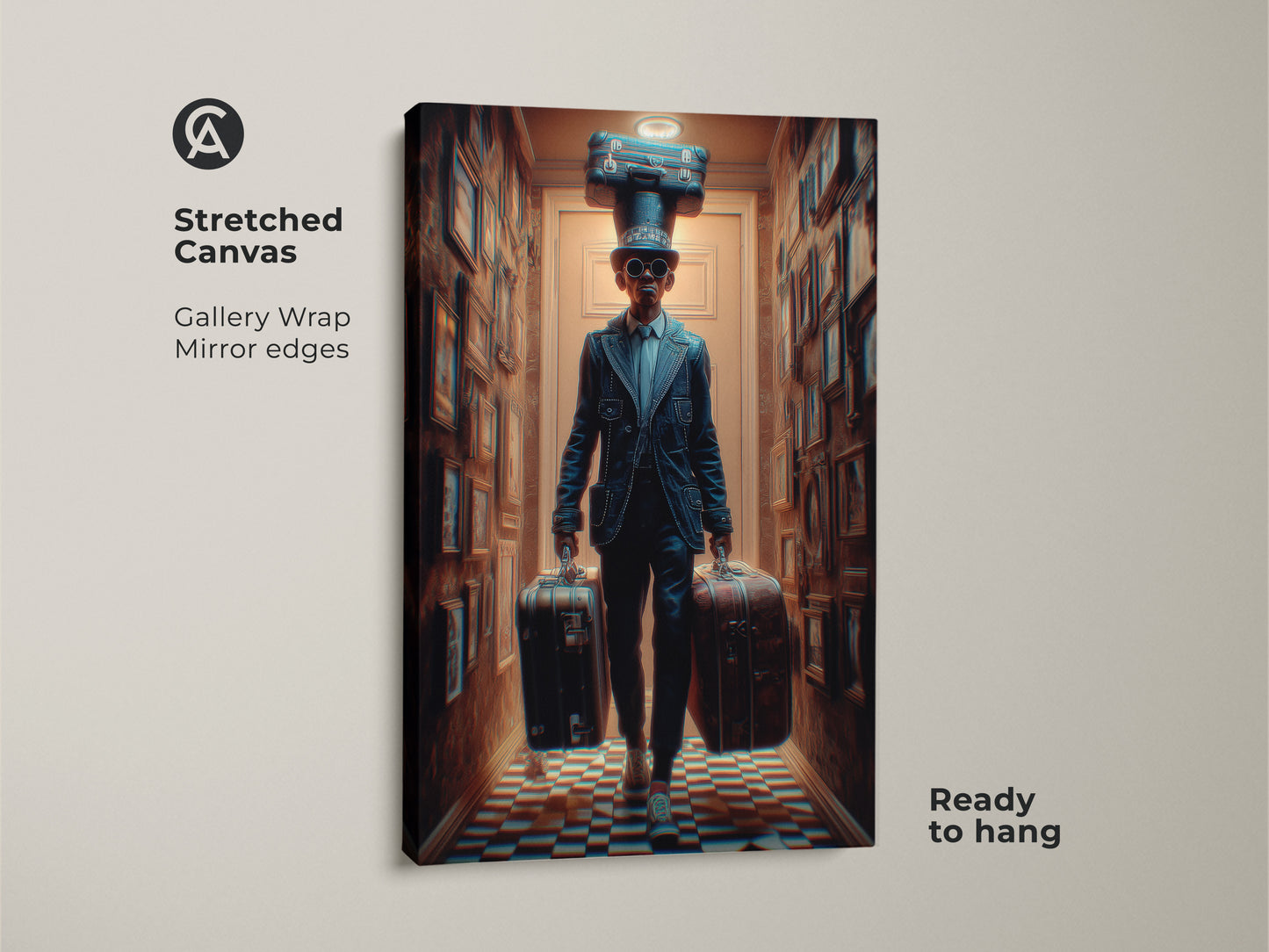 Stretched Canvas of Surreal Steampunk Man artwork. Gallery-wrapped with mirror edges this canvas print showcases a vintage-style man with suitcases. This eclectic travel art enhances any home decor. Ready to hang piece of unique wall art.