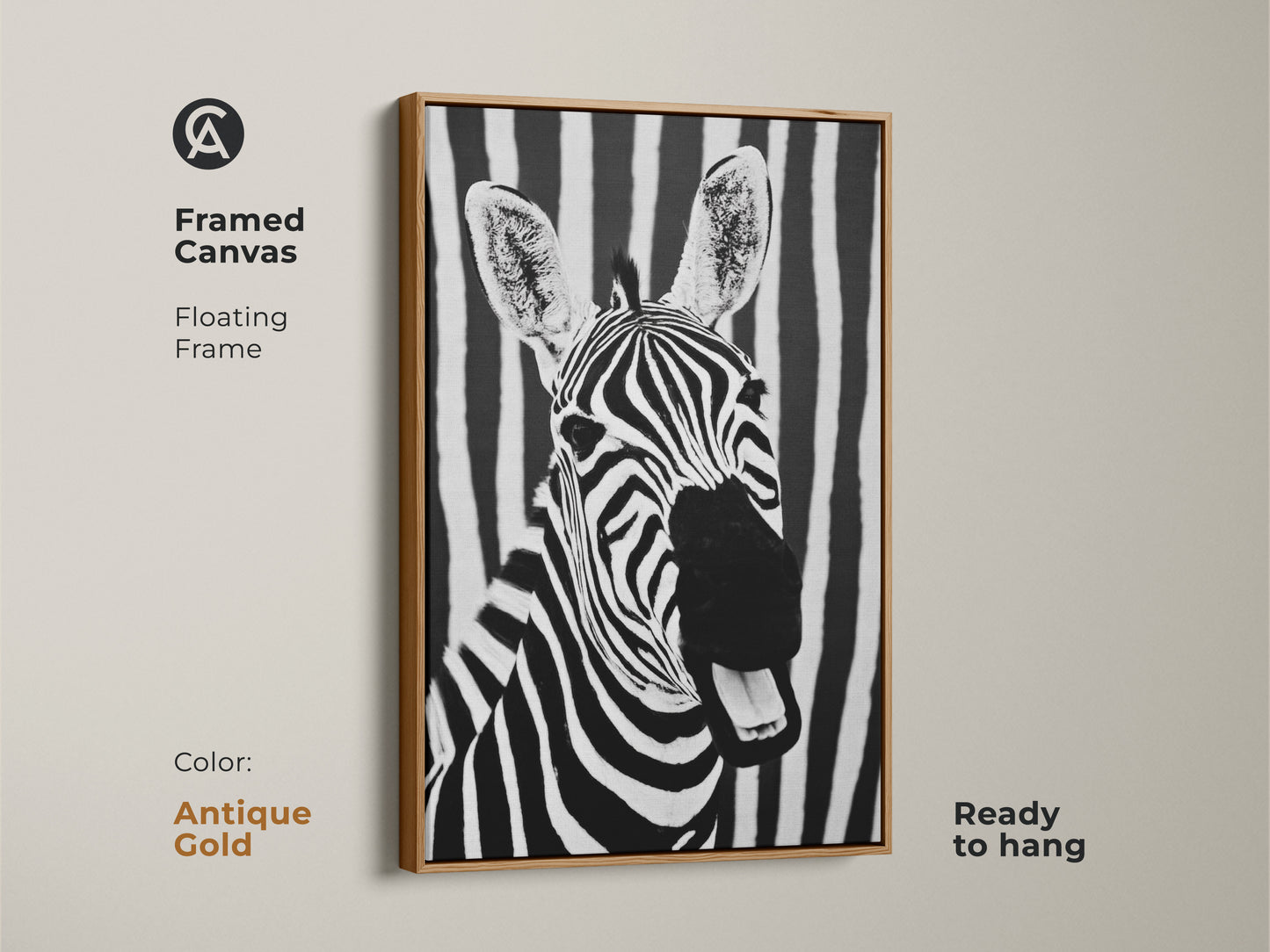 Antique Gold framed canvas with zebra art. This floating frame emphasizes the monochrome zebra portrait. Ready to hang this modern animal print adds a touch of minimalist wildlife decor to any space. The bold stripes create a captivating look.