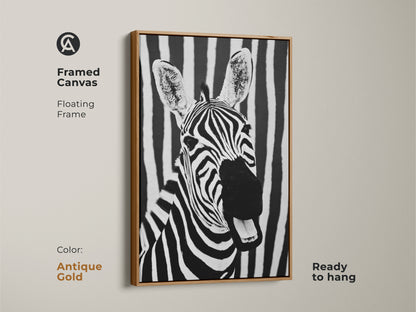Antique Gold framed canvas with zebra art. This floating frame emphasizes the monochrome zebra portrait. Ready to hang this modern animal print adds a touch of minimalist wildlife decor to any space. The bold stripes create a captivating look.