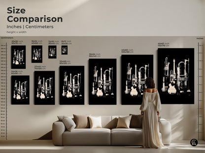 Size comparison of musical instruments art prints. See how the artwork looks in different sizes. Available in various dimensions this artwork features a guitar trumpet tuba and clarinet. The instruments are arranged in a still life composition. Choose the right size for your room.