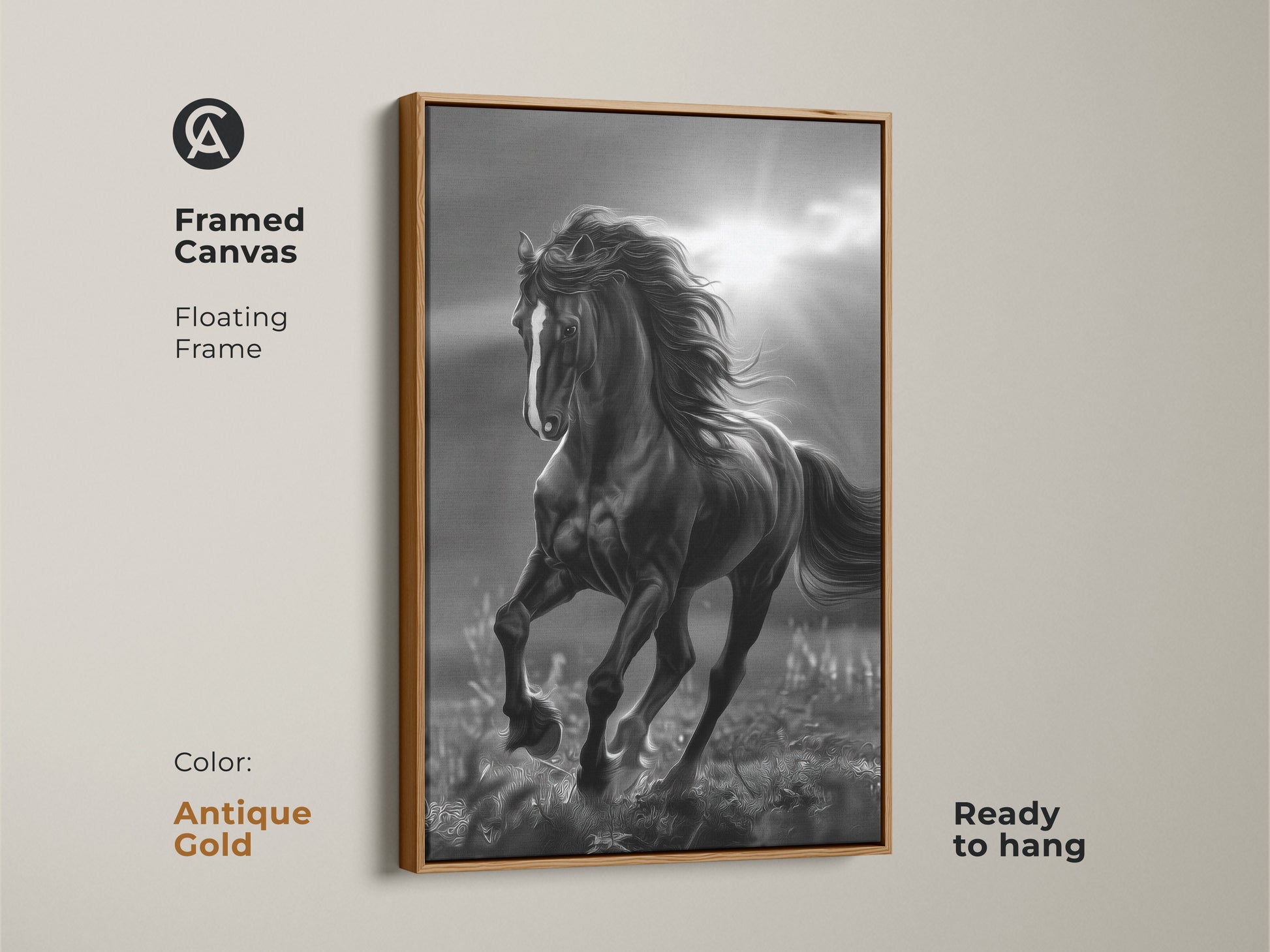 Antique gold framed canvas of black and white horse art. The horse is running in a field with sun rays in the background. The canvas has a floating frame and is ready to hang. Horse artwork for your home.