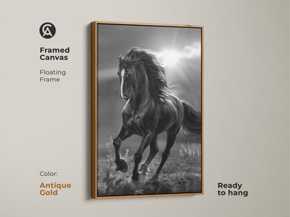 Antique gold framed canvas of black and white horse art. The horse is running in a field with sun rays in the background. The canvas has a floating frame and is ready to hang. Horse artwork for your home.