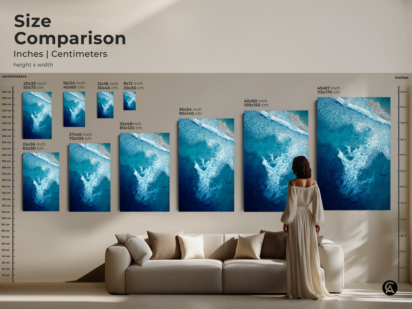 Compare sizes of abstract ocean wave prints in inches and centimeters. Ranging from 20x30 cm to 45x67 inches. Perfect as coastal wall decor for any room. Transform your space with this deep blue turquoise artwork. Ideal for beach lovers this abstract seascape painting adds beauty.