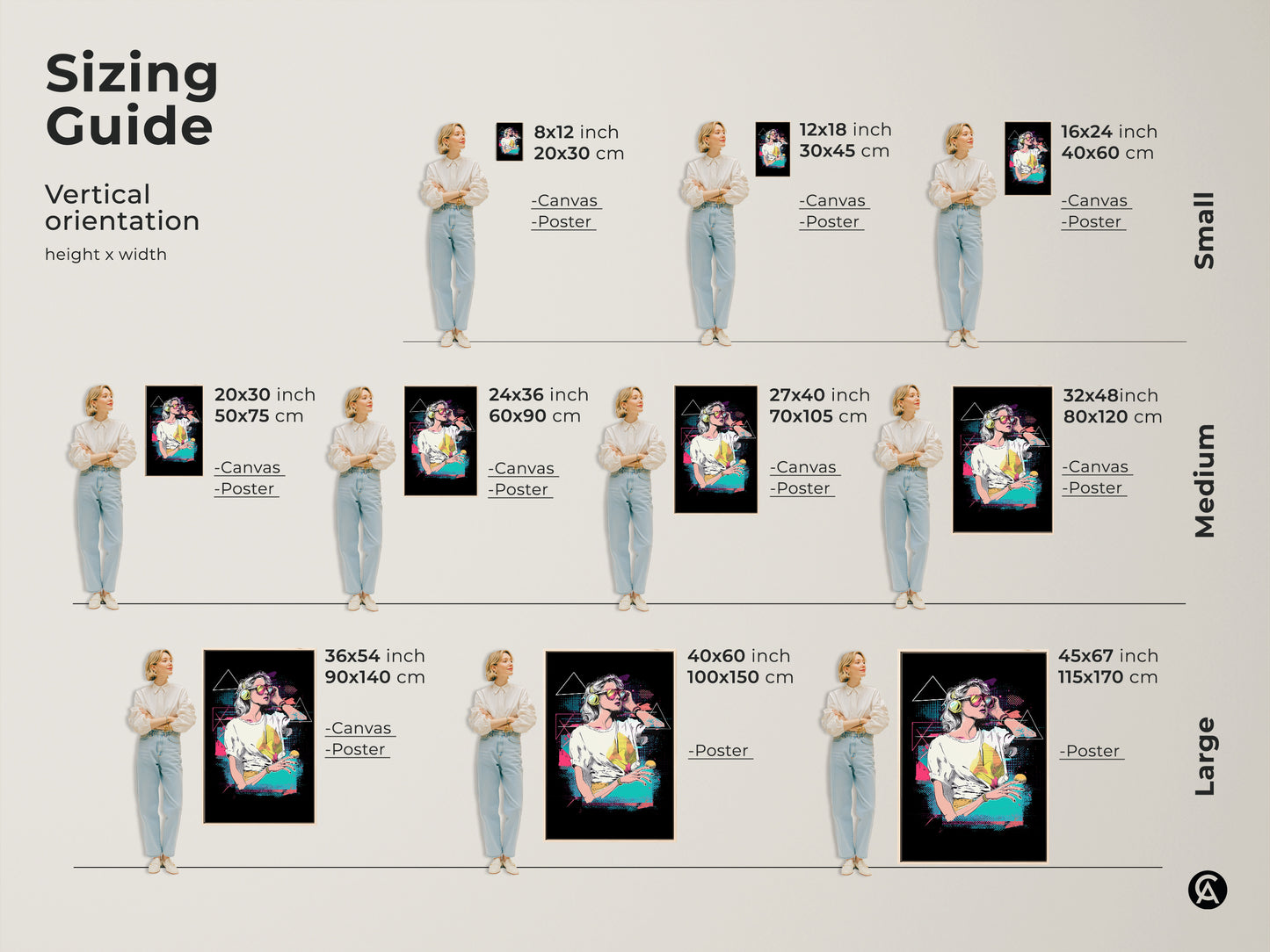 Sizing guide for the vaporwave woman art print. Available in various sizes for canvas and poster prints. Vertical orientation height x width options for small medium and large wall art. Perfect for eclectic home decor.