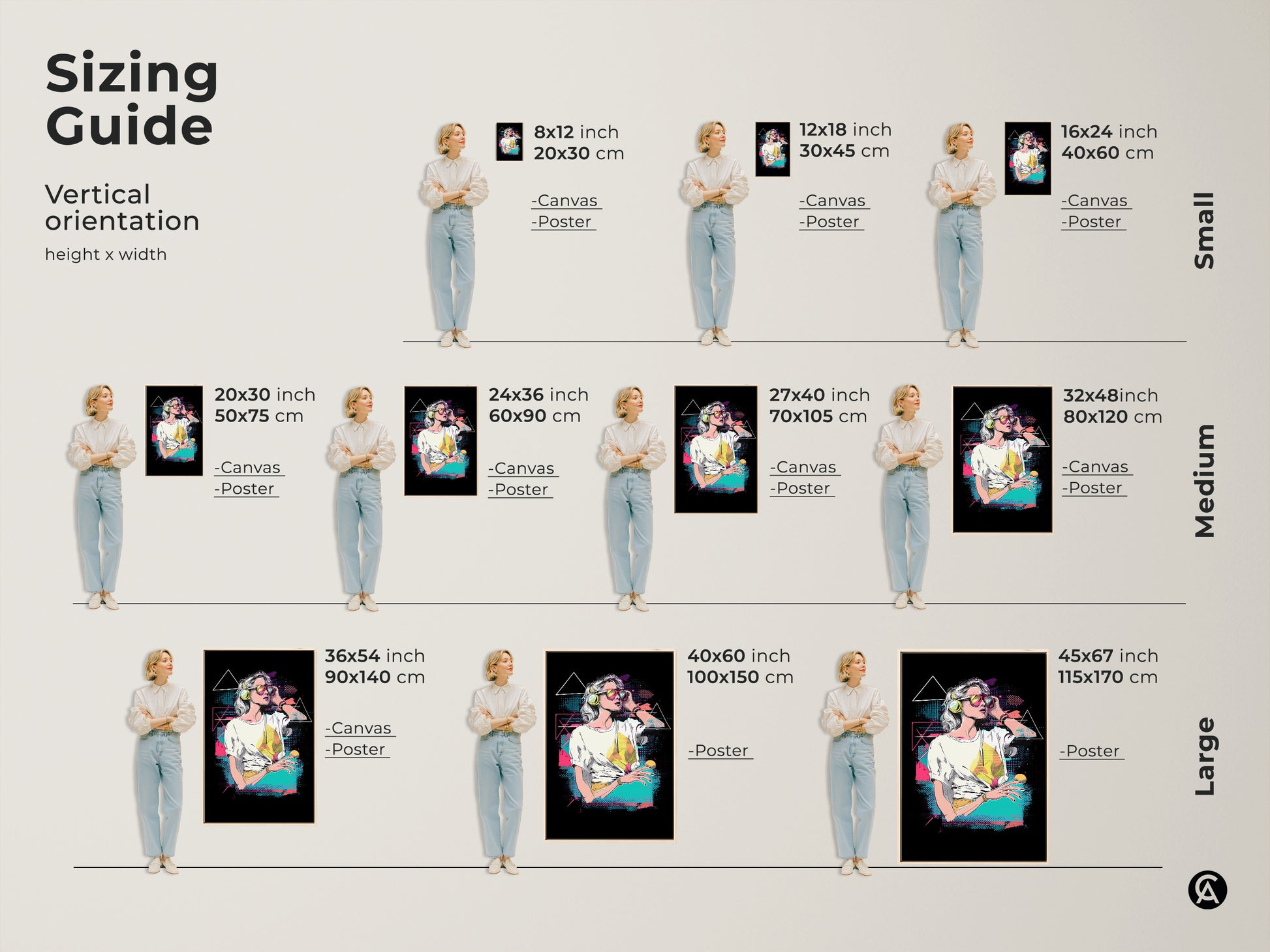 Sizing guide for the vaporwave woman art print. Available in various sizes for canvas and poster prints. Vertical orientation height x width options for small medium and large wall art. Perfect for eclectic home decor.