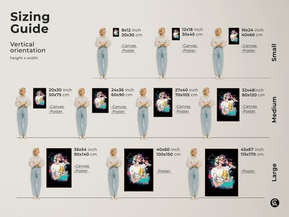Sizing guide for the vaporwave woman art print. Available in various sizes for canvas and poster prints. Vertical orientation height x width options for small medium and large wall art. Perfect for eclectic home decor.