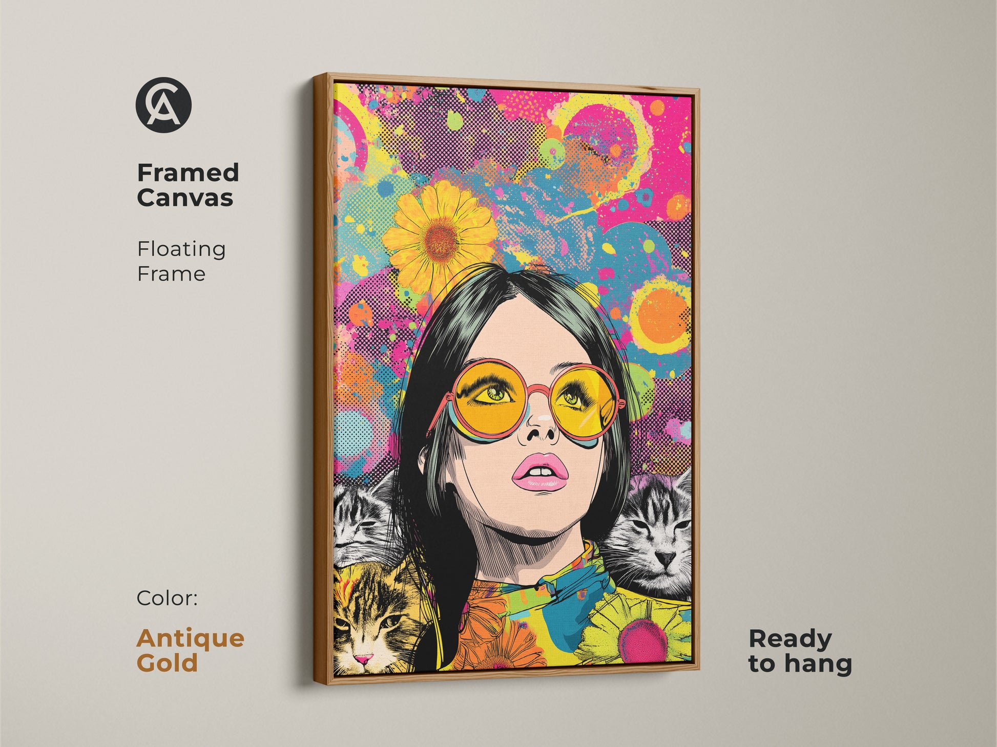 Framed canvas art highlighting a pop art woman and cats in an antique gold frame. This retro cat lover gift is ready to hang. The eclectic wall art print adds elegance. Its hot pink yellow teal colors make a statement. This animal portrait canvas is a unique wall hanging art. Perfect vibrant home decor.