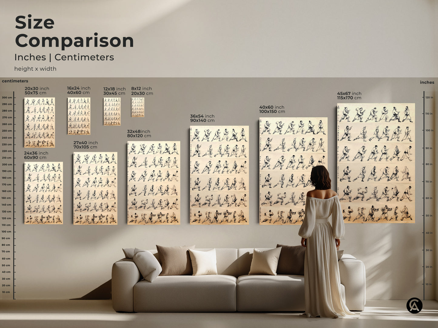 A size comparison showcases traditional Chinese ink wash art prints. See how martial arts warrior movement studies look in various sizes. From small to large find the ideal fit for your space. Transform your home with minimalist black and white kung fu master wall decor.