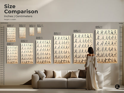 A size comparison showcases traditional Chinese ink wash art prints. See how martial arts warrior movement studies look in various sizes. From small to large find the ideal fit for your space. Transform your home with minimalist black and white kung fu master wall decor.