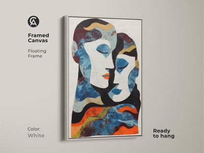 Enhance your living space with this captivating abstract couple art print. The blue and orange hues create a warm and inviting atmosphere. This modern artwork makes a perfect anniversary gift for couples.
