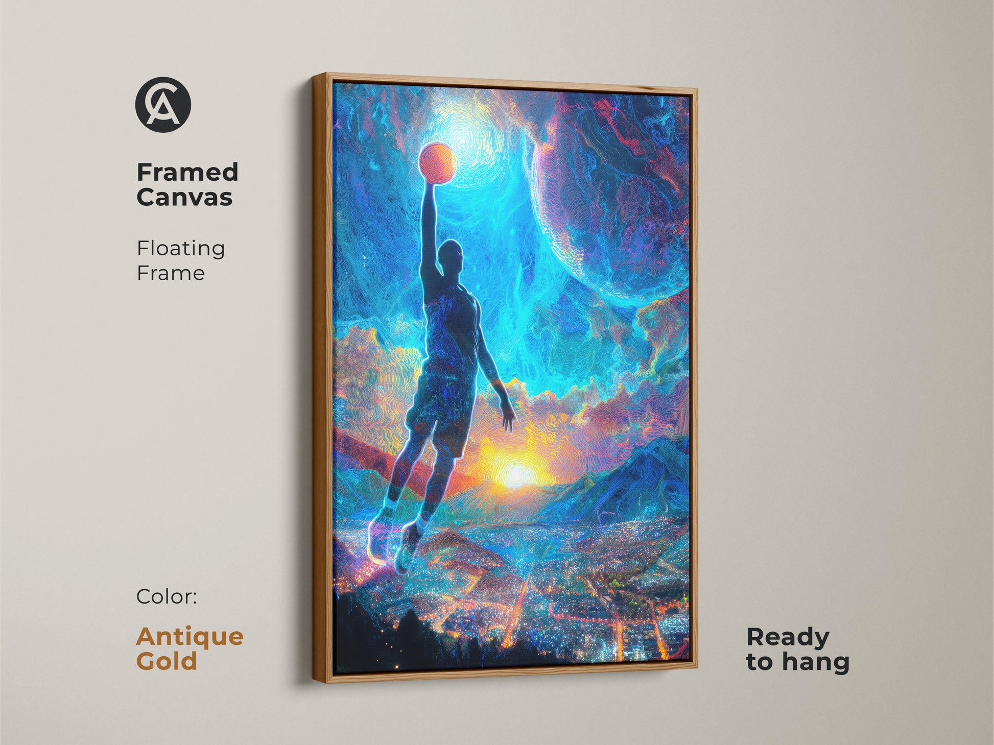 Framed canvas with antique gold floating frame features basketball theme decor. The electric blue and orange colors create a futuristic cityscape canvas. It is ready to hang as eye-catching wall art.