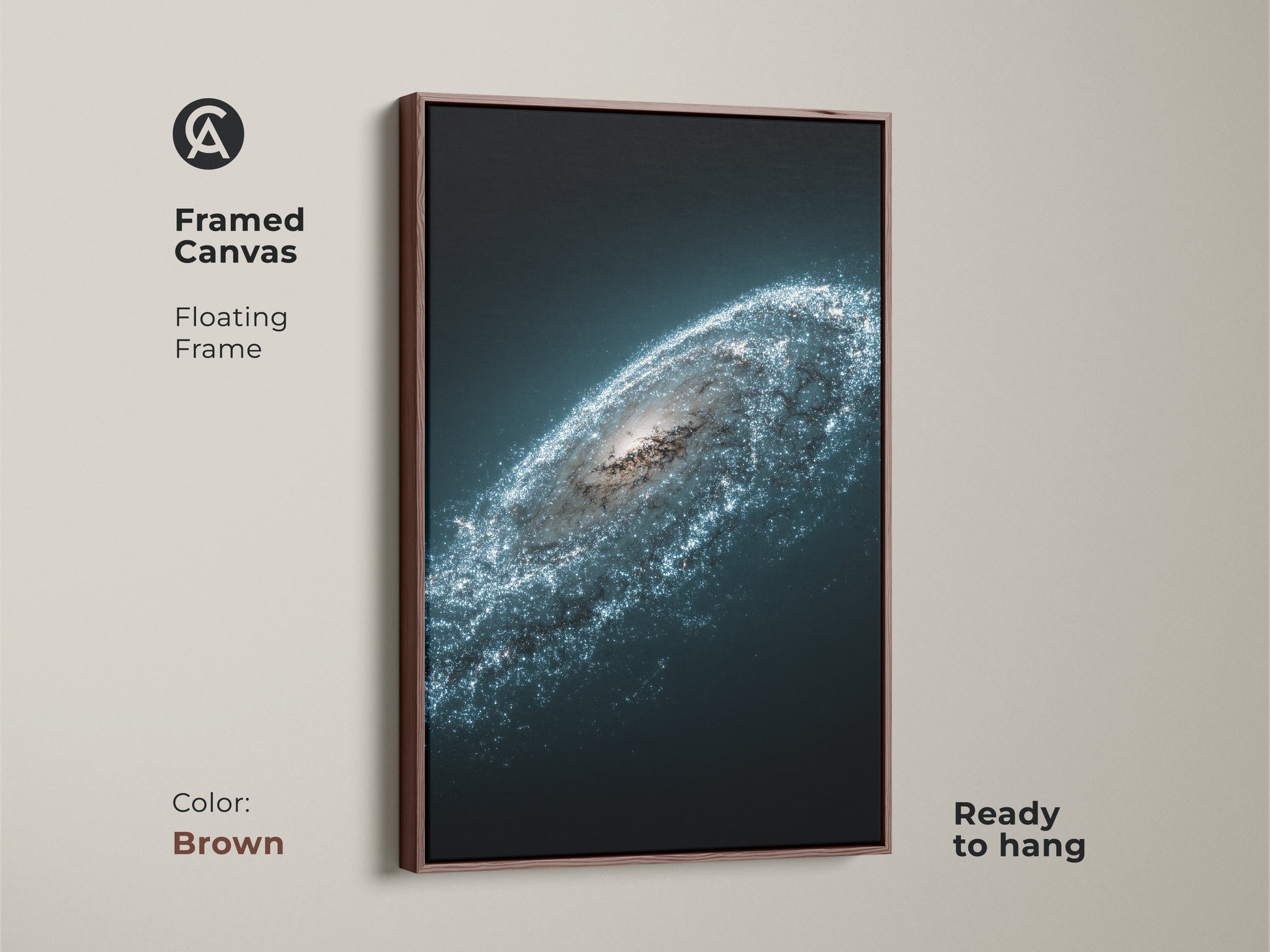 Framed Canvas showcasing the Andromeda galaxy with a brown floating frame. Add this deep space blue wall art to your collection. Starry white nebula print ideal as a sci-fi fan gift.