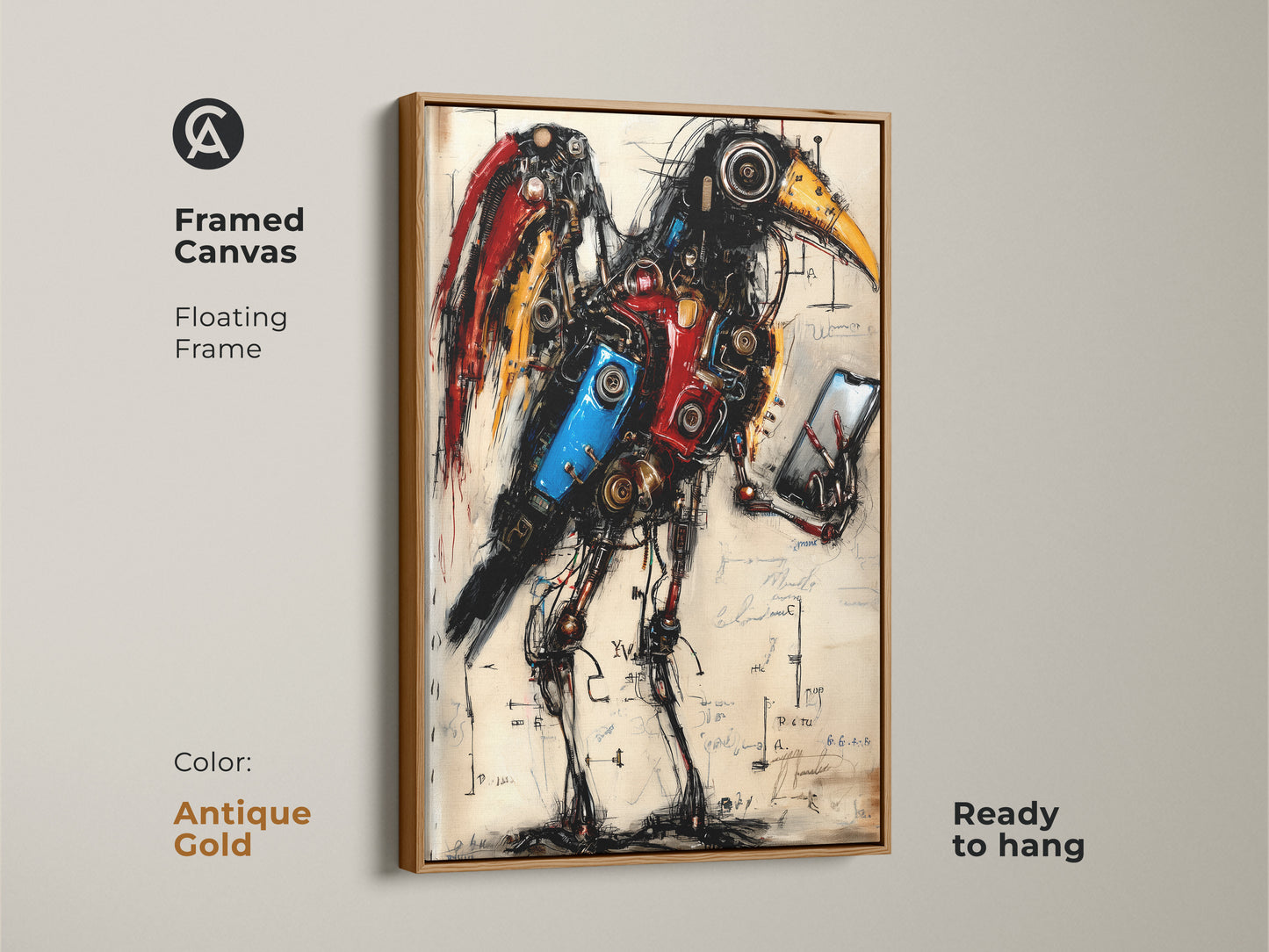 Framed canvas of a Steampunk Mechanical Bird with an antique gold frame. The artwork features a mechanical bird on phone. It would make for a distinctive wall art. Great piece of artistic steampunk decor for any home or office.