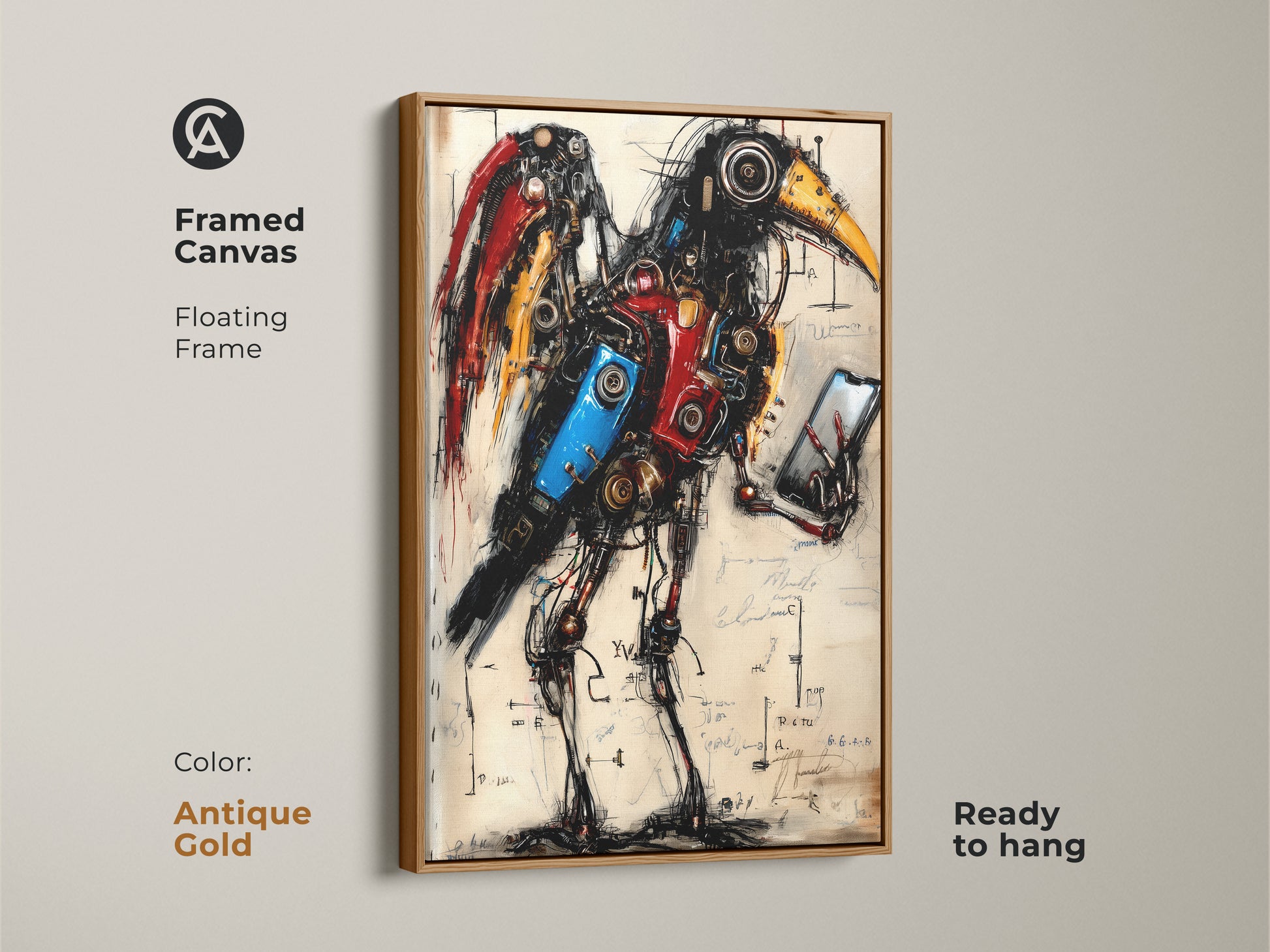 Framed canvas of a Steampunk Mechanical Bird with an antique gold frame. The artwork features a mechanical bird on phone. It would make for a distinctive wall art. Great piece of artistic steampunk decor for any home or office.