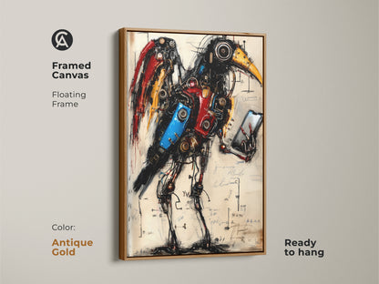 Framed canvas of a Steampunk Mechanical Bird with an antique gold frame. The artwork features a mechanical bird on phone. It would make for a distinctive wall art. Great piece of artistic steampunk decor for any home or office.