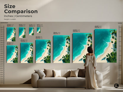 Size comparison of tropical beach artwork in inches and centimeters. See how different sizes fit above a sofa. Envision the impact of this beach art in your home. Choose the perfect scale to enhance your living space.