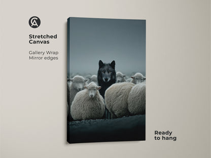 Stretched canvas print featuring a black wolf among sheep. This gallery-wrapped art piece adds a gothic touch to any room. Ready to hang this eclectic animal decor.