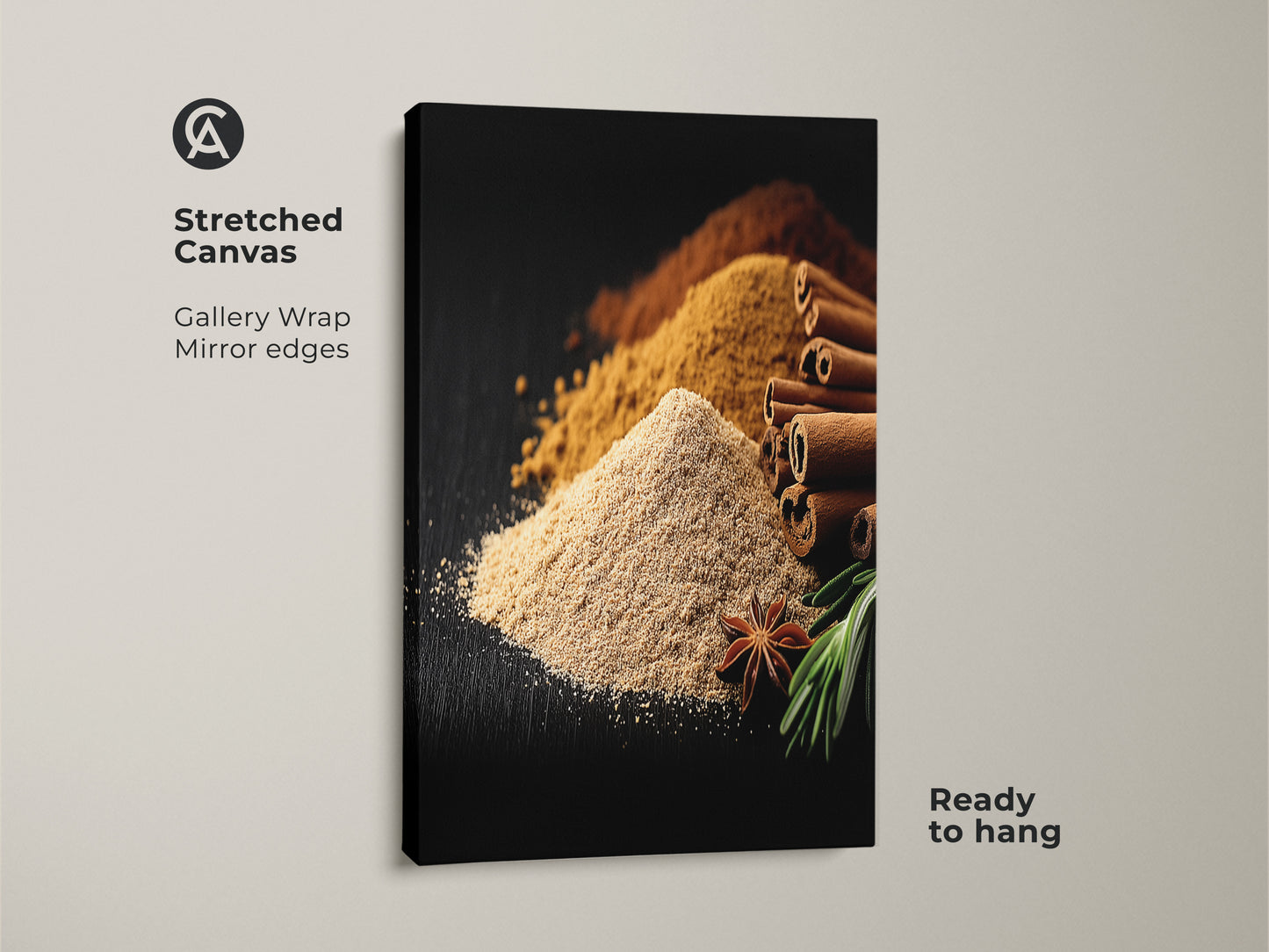 A stretched canvas featuring Spice Art. The gallery wrap ensures a seamless edge. Cinnamon sticks star anise and ground spices create a warm modern farmhouse feel. Ready to hang this culinary artwork brings a touch of tan brown elegance to any kitchen or dining space.