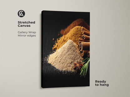 A stretched canvas featuring Spice Art. The gallery wrap ensures a seamless edge. Cinnamon sticks star anise and ground spices create a warm modern farmhouse feel. Ready to hang this culinary artwork brings a touch of tan brown elegance to any kitchen or dining space.