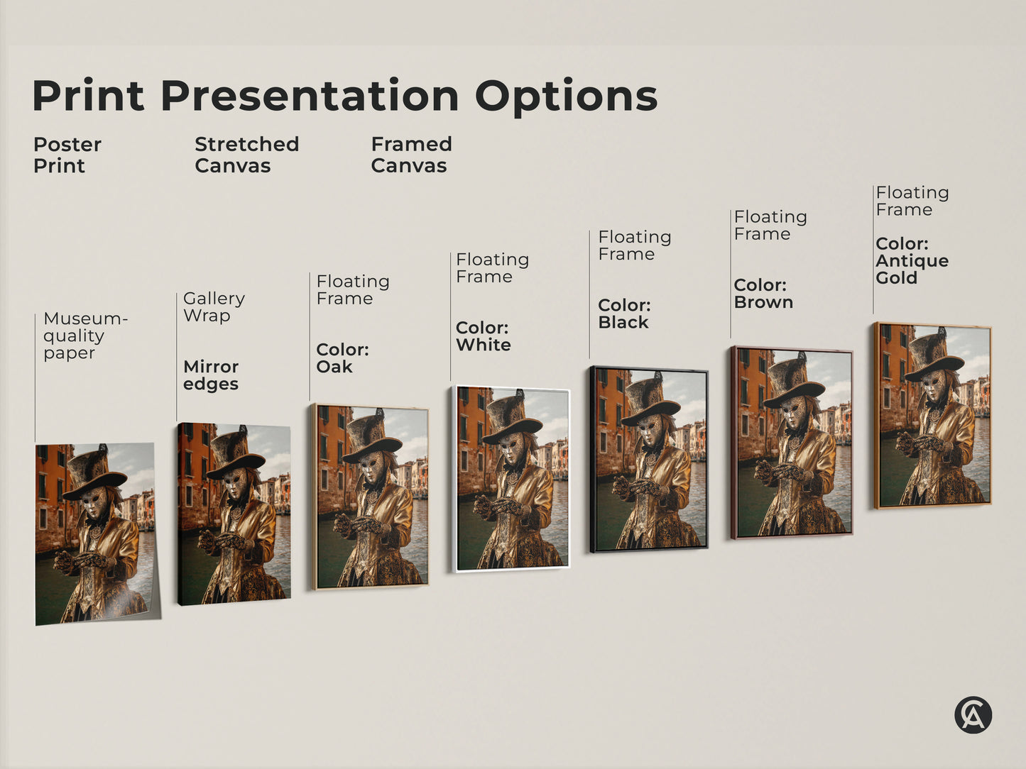Various print presentation options are shown. This includes poster prints and stretched canvases. Framed canvases in black brown antique gold oak and white are also available. All feature the Venice Carnival gold costume art.
