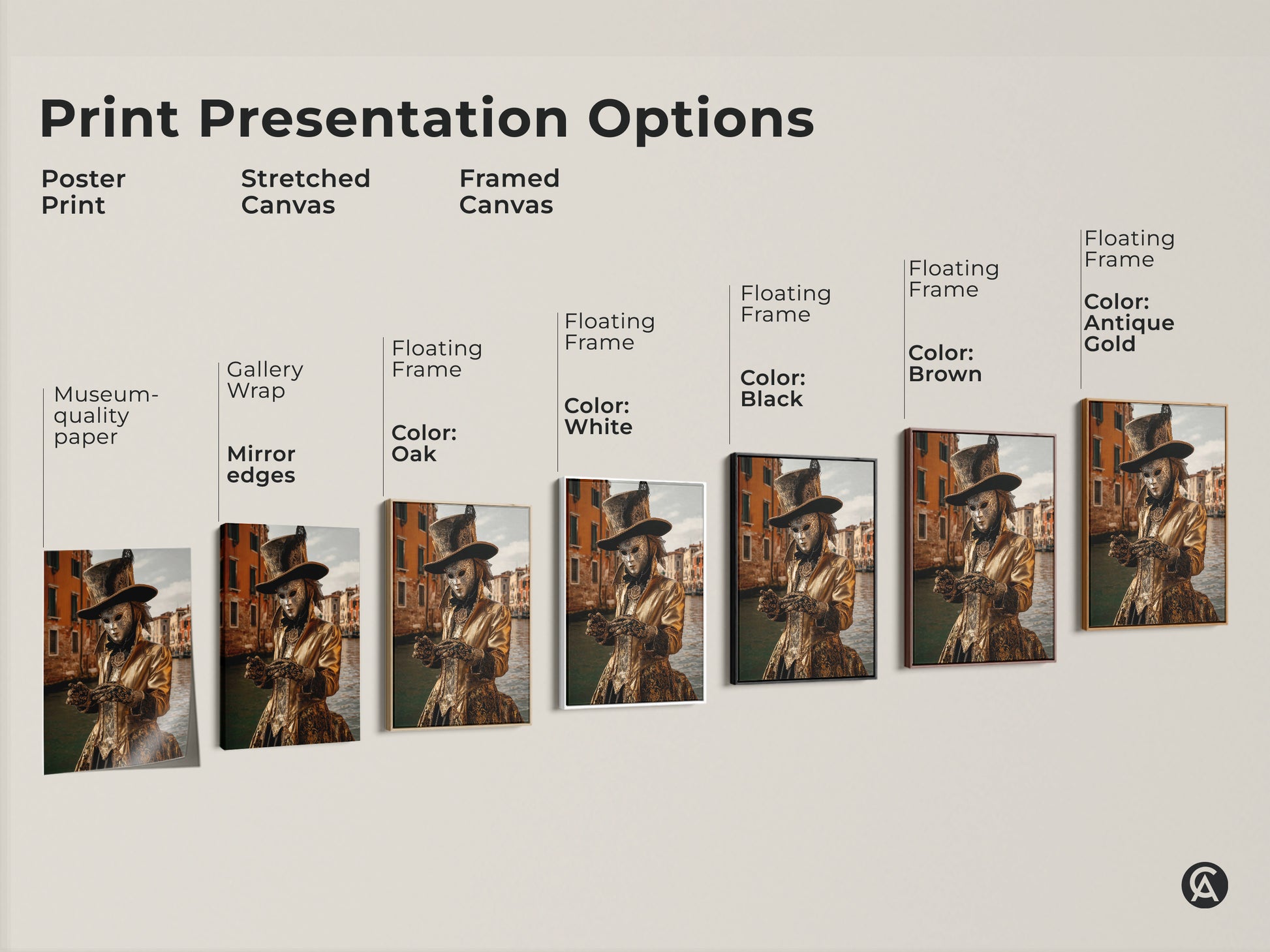 Various print presentation options are shown. This includes poster prints and stretched canvases. Framed canvases in black brown antique gold oak and white are also available. All feature the Venice Carnival gold costume art.